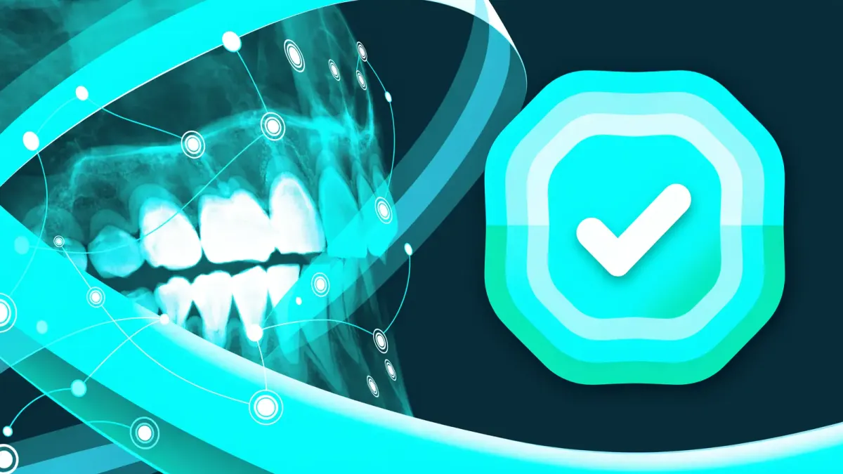 Pearl AI Second Opinion interface showing AI-highlighted findings on a dental bitewing radiograph